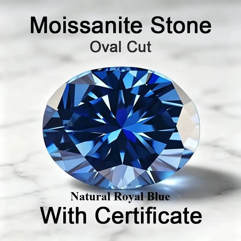 Moissanite Stone Oval Cut Natural Royal Blue Gemstone for DIY Jewelry Making Materials Pass Diamond Tester with Certificate