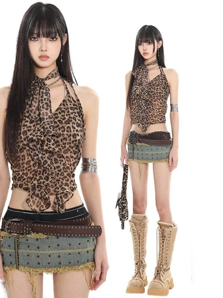 Harajuku ليوبارد طباعة سليم صالح النساء الدبابات الشارع الشهير الجرونج تكدرت خمر عارية الذراعين المحاصيل الأعلى Y2k قمصان الجمالية الصيف