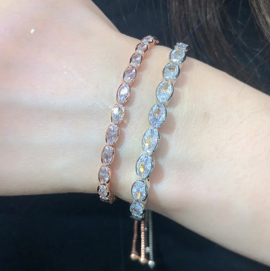 Adjustable Oval Crystal Tennis Bracelet for Women Kpop Zirconia Gold Color Chain On Hand Simple Minimalist Jewelry Trend H202