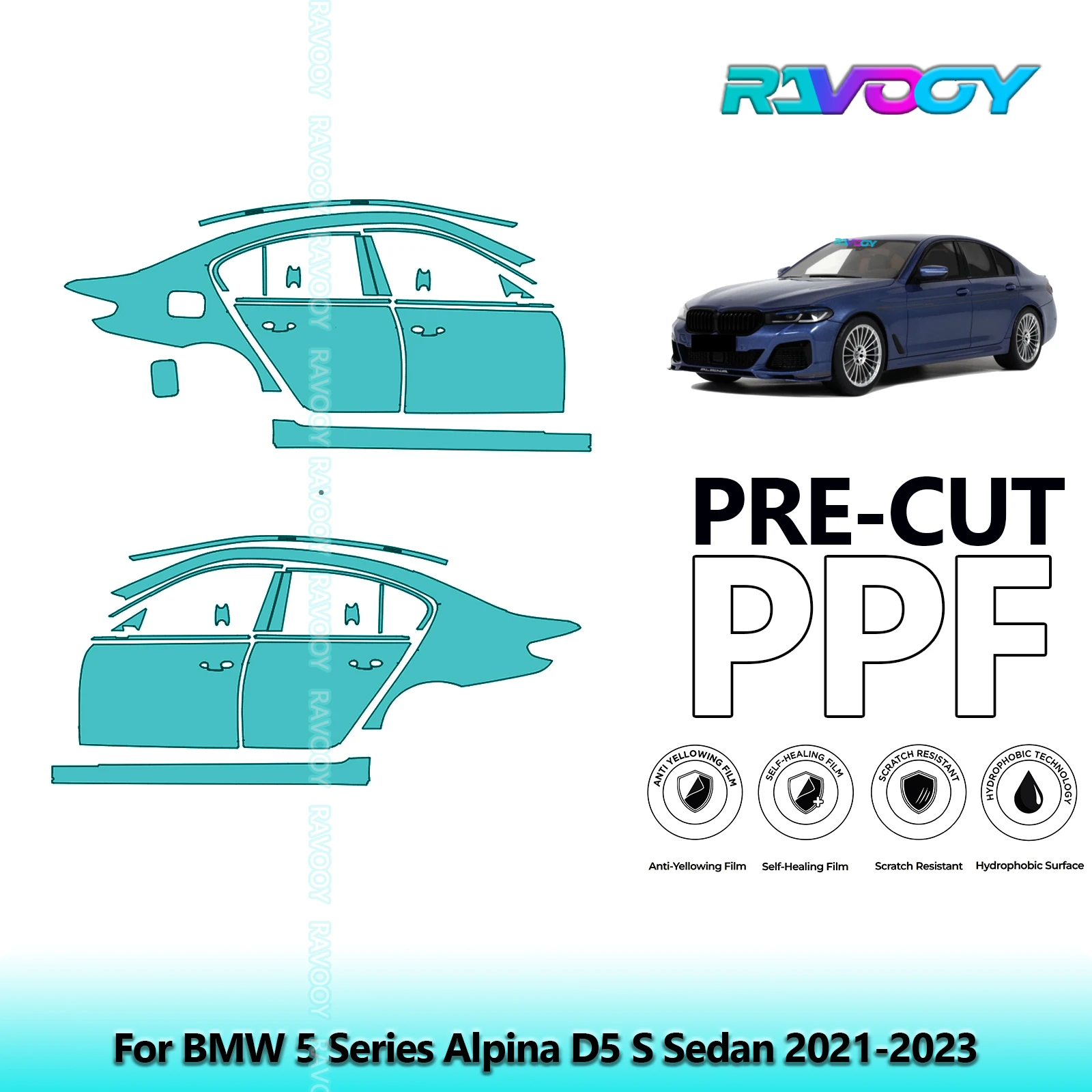 

For BMW 5 Series Alpina D5 S Sedan 2021-2023 8.5mil Clear Matte Pre-Cut PPF Door & A/B Pillar Kit TPU Paint Protection Film Set
