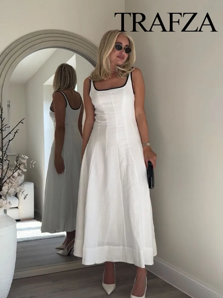 

TRAFZA Women's Summer New Fashion White Square Collar Sexy Backless Dress Female Temperament Zipper Sleeveless Casual Long Dress