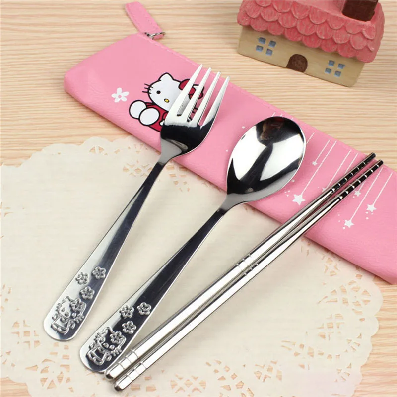 

Kawaii Sanrio Anime Chopsticks Forks Spoons Three Piece Set Cute Hello Kitty Cartoon Travel Portable Student Tableware Gift Kids