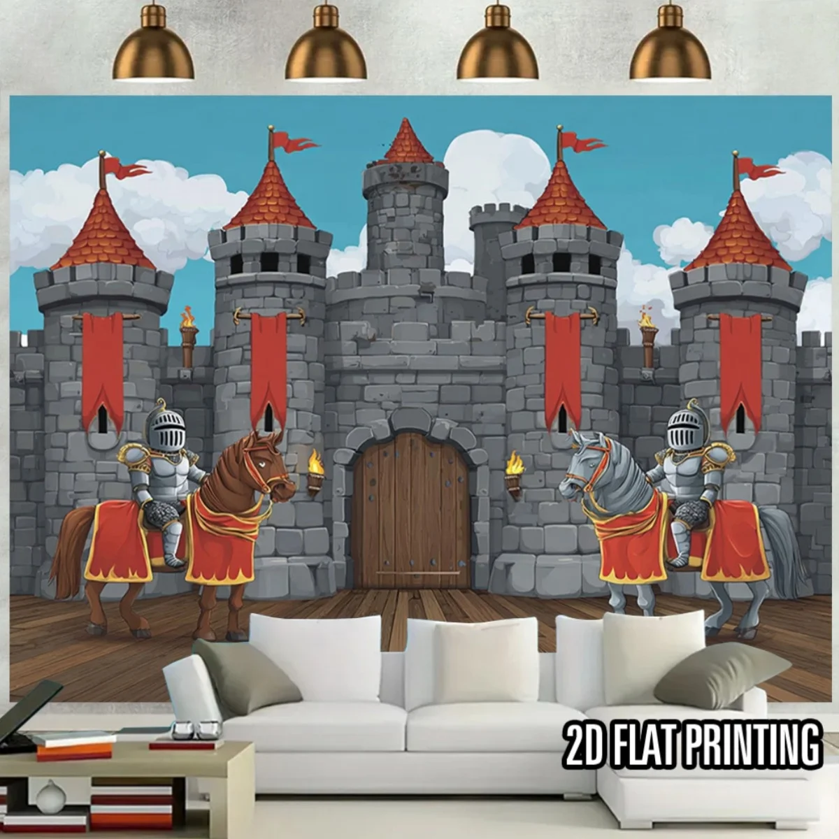 2D plane, a single piece banner with a medieval castle knight background, a medieval-themed party decoration item