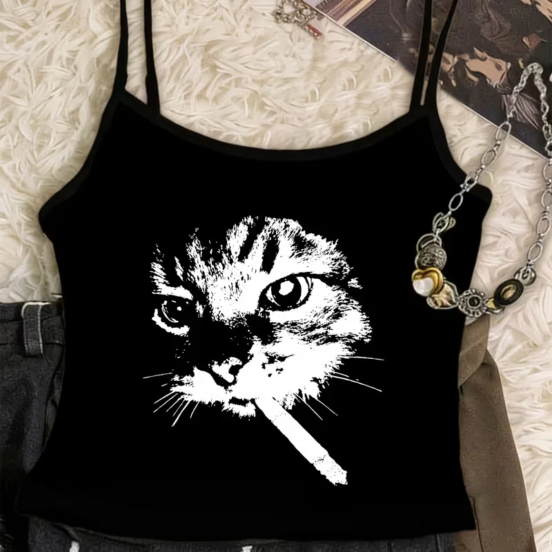 Women Funny Slogan Spaghetti Strap Cami Top Sleeveless Top Vintage Distressed Letter Summer Casual Streetwear Ladies Camisole