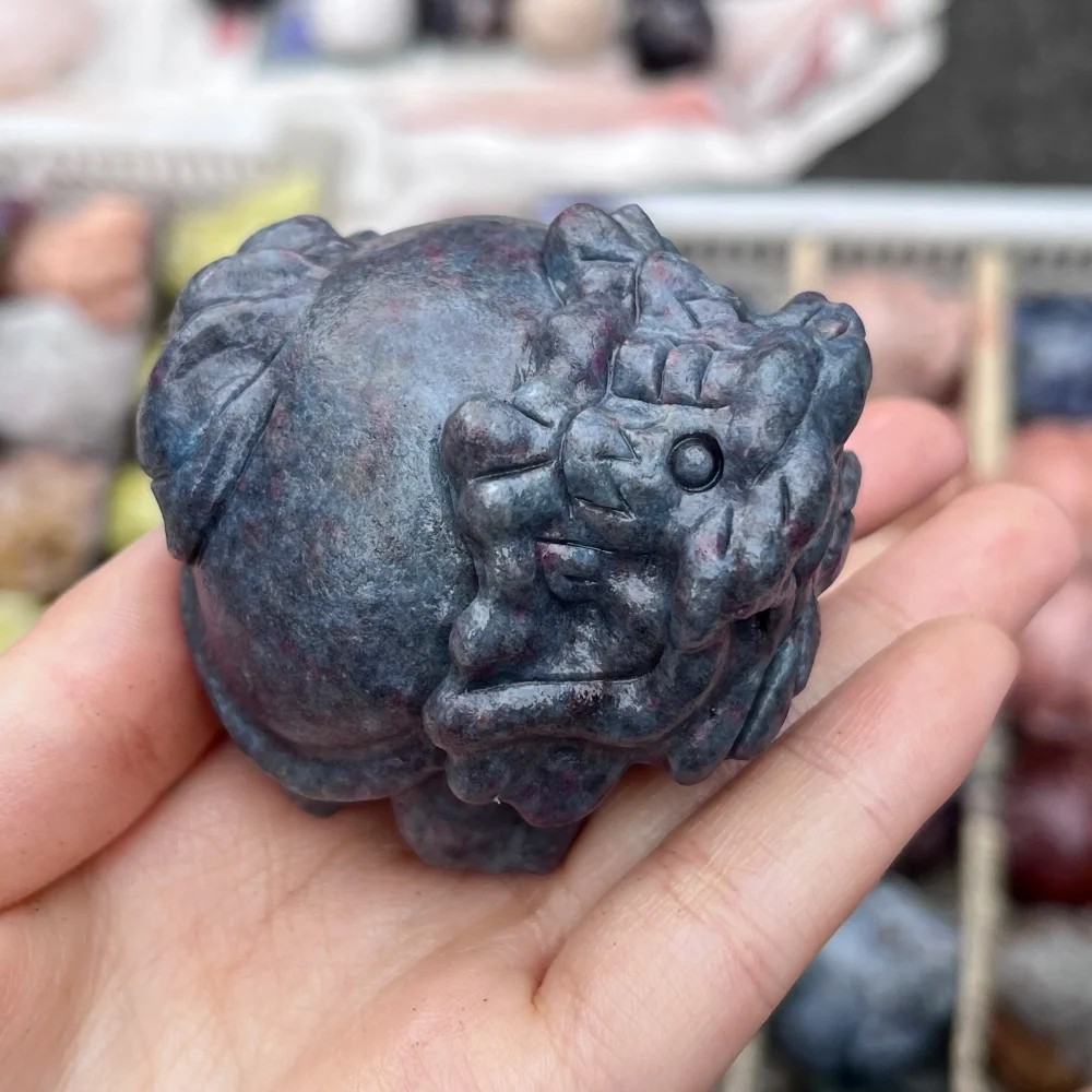 Natural Sapphire Pixiu Dragon Turtle Carving Polished Reiki Healing Feng Shui Energy Stone for Room Decor And Gift