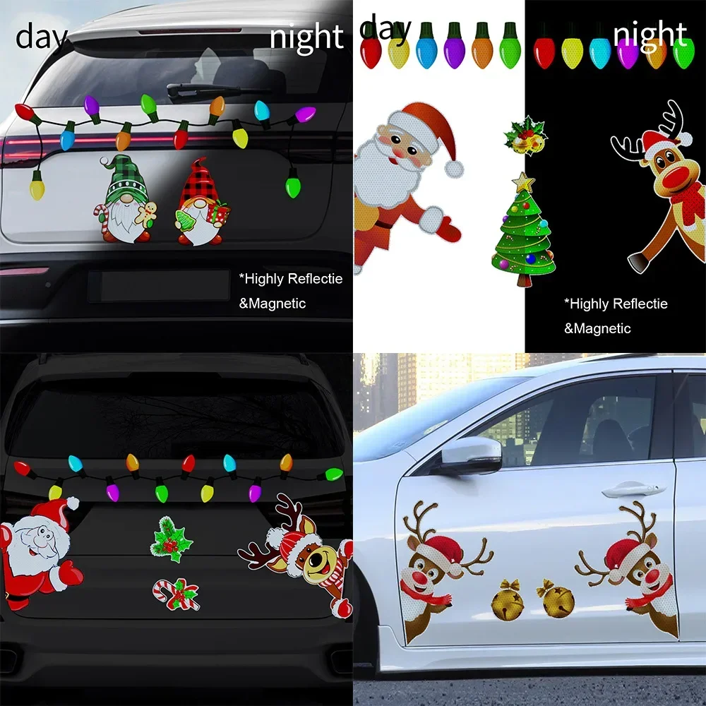 Christmas Car Decoration Sticker Popular Magnetic Santa Claus Light Bulb Snowman Reflective Sticker Decorative Accessories