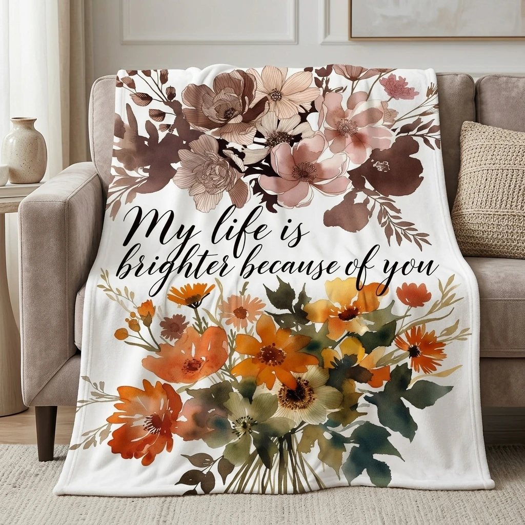 Terracotta & Sunflower Bouquet Flannel Throw Blanket, Cozy Romantic Quote Blanket for Bedroom & Living Room