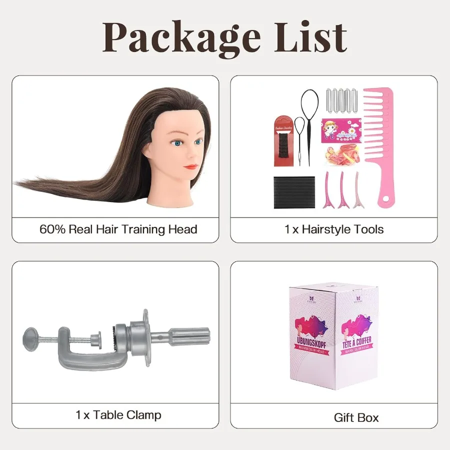 رأس عارضة أزياء للشعر الحقيقي مقاس 28 بوصة 60 لتدريب التجميل وممارسة التصميم مثالية لتقنية تجديل وتجعيد الشعر والقطع