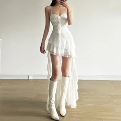 Y2k Sexy Mesh Ruffle Irregular High Low Dress White Black Sleeveless Long Dresses Summer Clothes Women 2024 P94-DF30