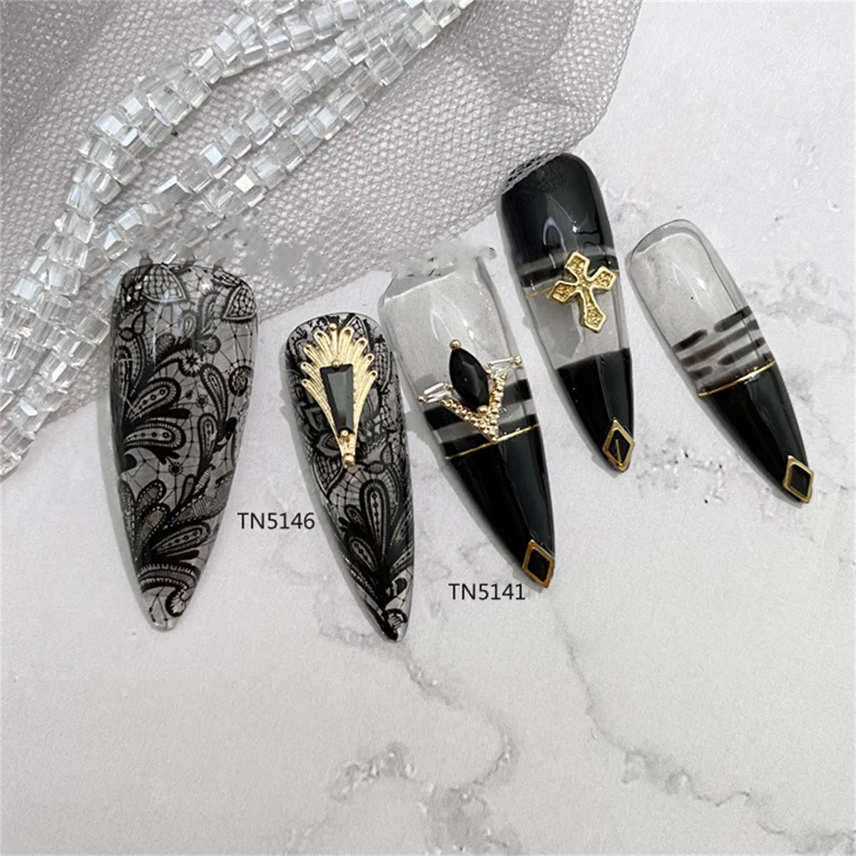 5PCS Random Black Gothic Punk Zircon Nail Art ,Luxury Charms 3D Alloy Fashion Exquisite Crystal Rhinestones Nail Decorations DIY