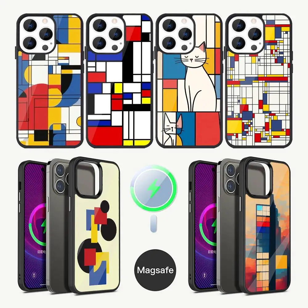 حافظة هاتف تجريدية P-PIET MONDRIANS لهاتف iPhone 17,16,15,14,13,12,11,Plus,Pro,Max Mini Magsafe شحن لاسلكي مغناطيسي