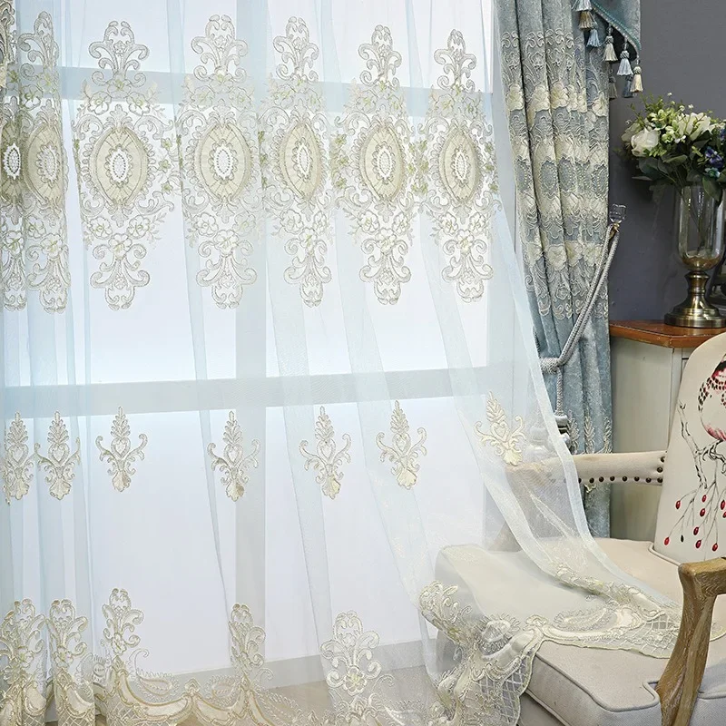 European customized size living room chenille embroidered curtains blackout floor windows blackout finished gauze curtains