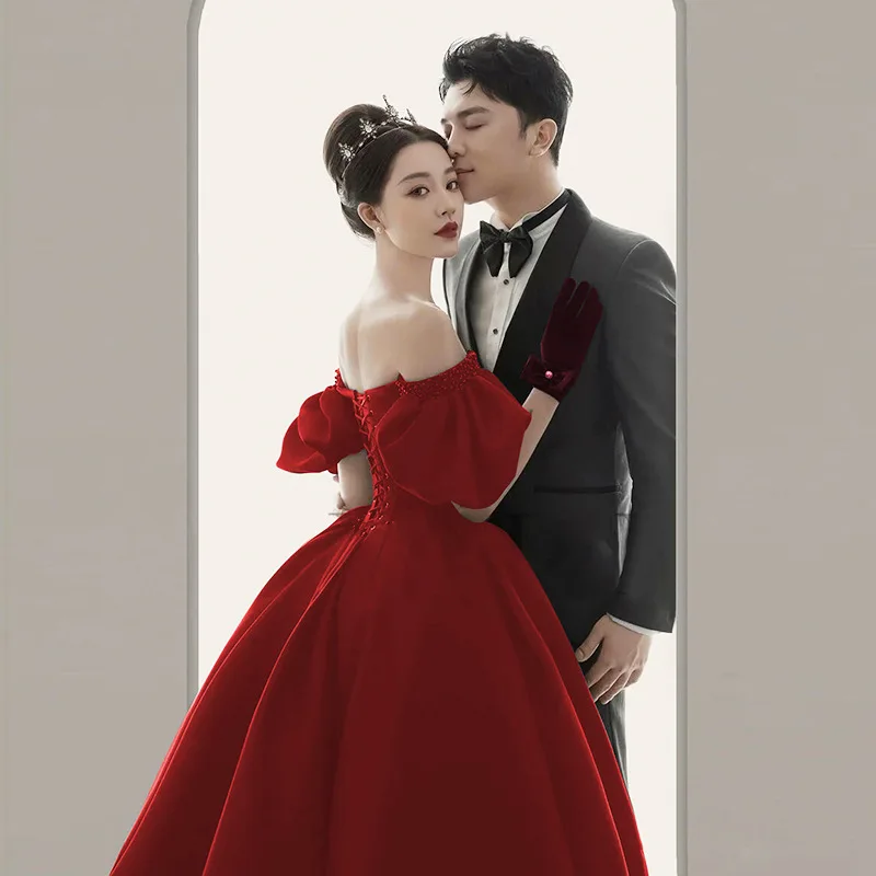 Party dresses evening dress Red black Banquet ball gown off shoulder silk velet velour L0546