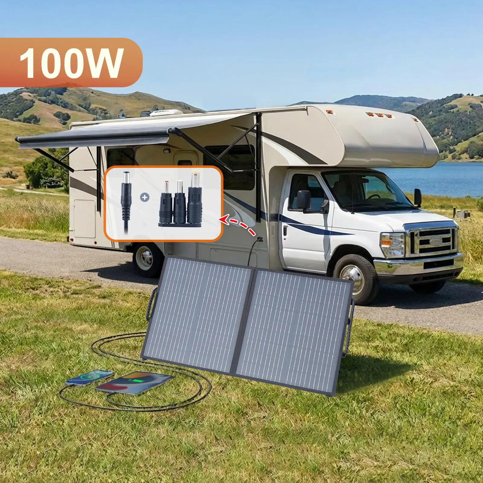 Leaorld 100W Solar Panel Charger, 18V DC 5521 35135 7909 5525 with Kickstands, Clips, 12V Battery Charger, Power Station,RV,Farm