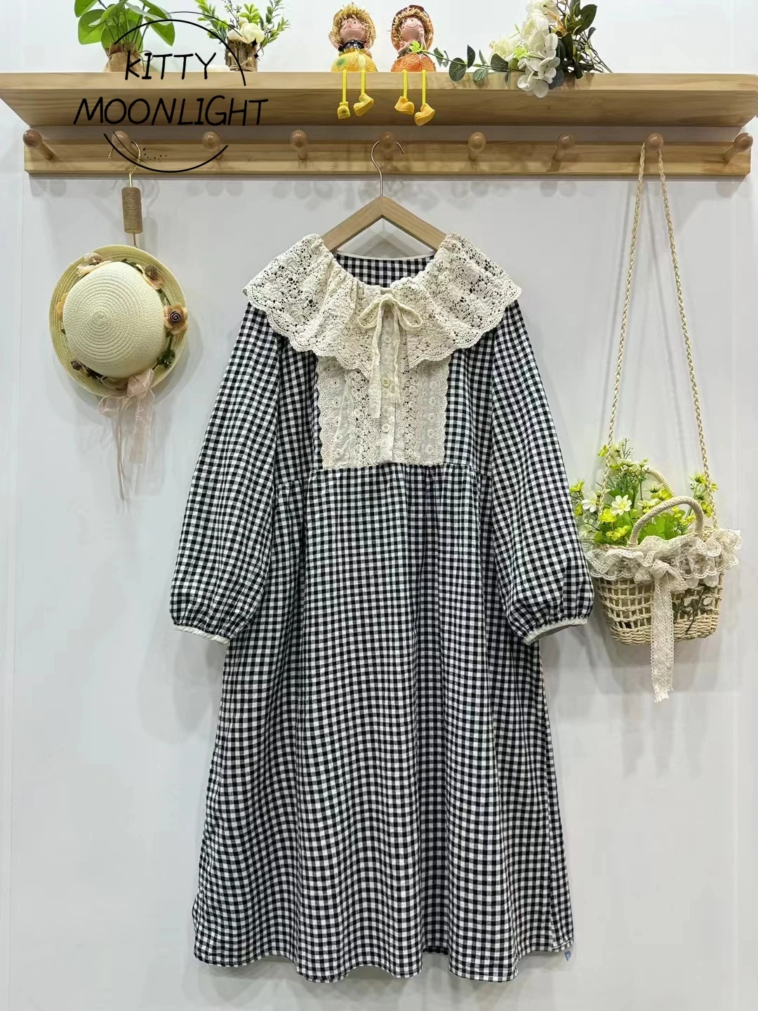 Vintage Plaid Mori Kei abiti donna autunno pizzo giapponese colletto Peter Pan manica lunga abito in cotone Casual abiti femminili larghi