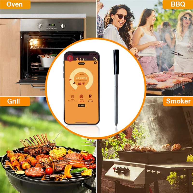 IP67 Waterproof Wireless Digital Meat Thermometer for Oven Grill Kitchen BBQ Smoker Cooking Food Thermometer