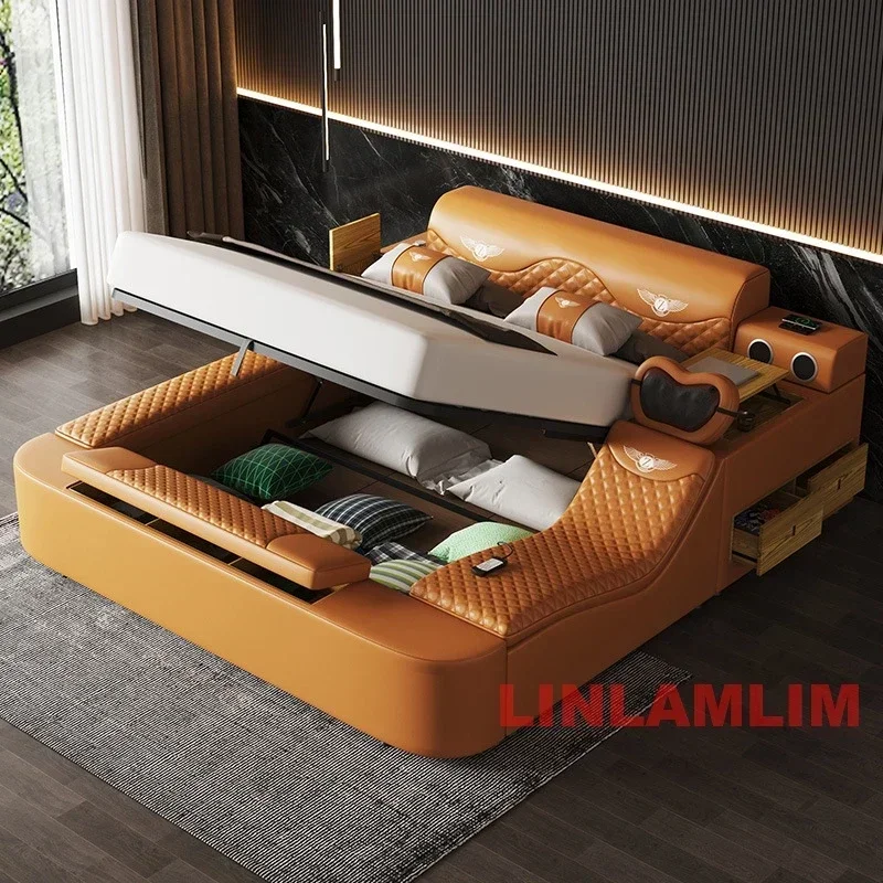 MINGDIBAO MULTIFUNCTIONAL SMART BED | FUTURISTIC FURNITURE, Tech Smart Bed 2 People, Ultimate Massage Tatami Genuine Leather Bed