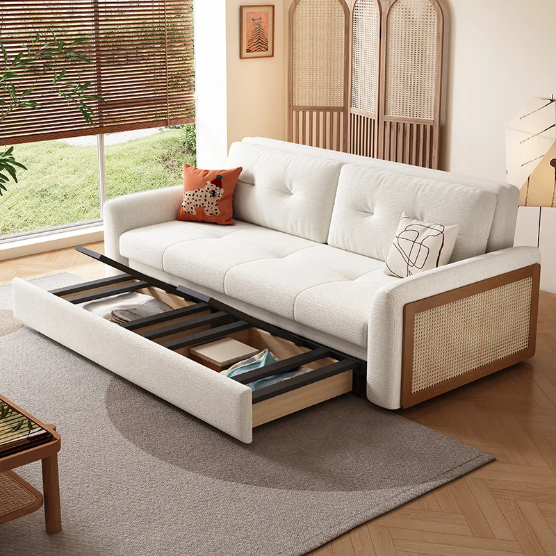 أريكة سرير خشبية صلبة جديدة على الطراز الصيني ثنائي الغرض متكامل تلسكوبي شقة صغيرة متعددة الوظائف أريكة منزلية قابلة للطي