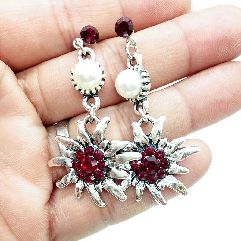 New Antique Silver Color Pearl Earrings for Women Zinc Alloy Edelweiss Flower Rhinestone Drop Earrings Gifts Party Jewelry
