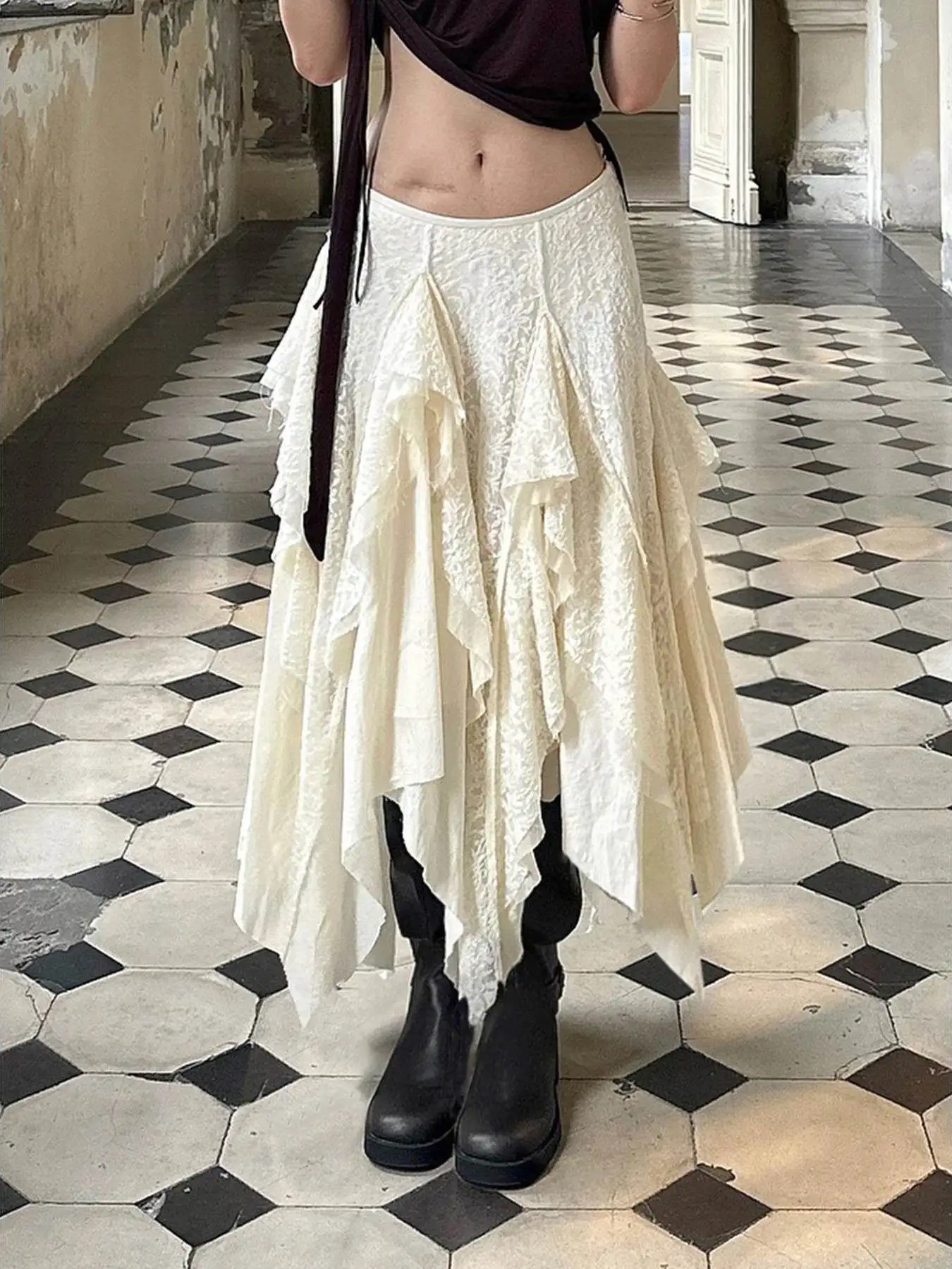 

Irregular Lace Midi Skirt for Vacation Asymmetrical Hemline Half-length Women's Dress Pure Color Long Skirt Elegant Style