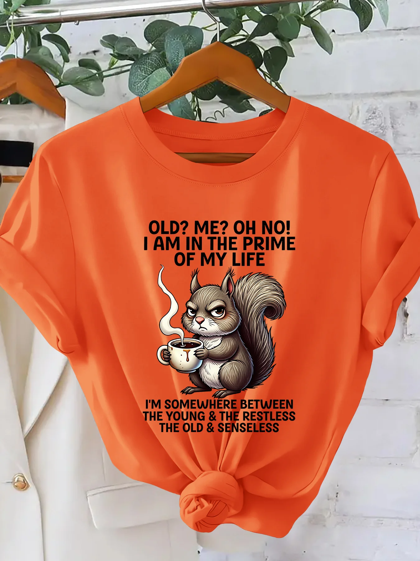 Women's Summer Top with Coffee Serious Squirrel, Self Deprecating Cartoon Print Women's T-shirt, Retro Round Neck Short Sleeved
