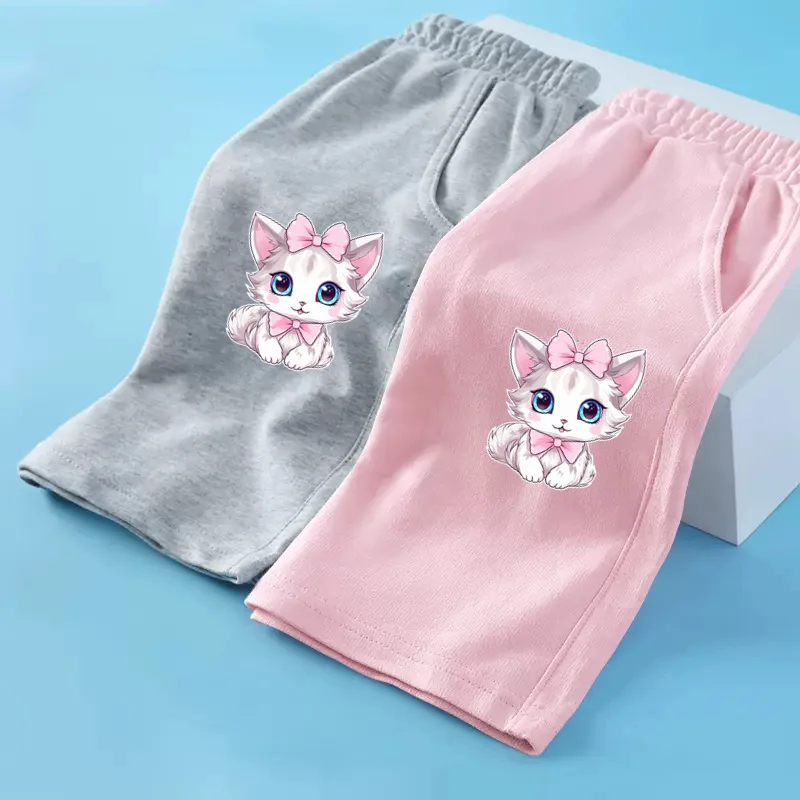 2024 Girl Summer New Pants Bow Cat Cartoon Shorts Loose Casual Short Pant 3-14T Kids Cotton Cute Trousers