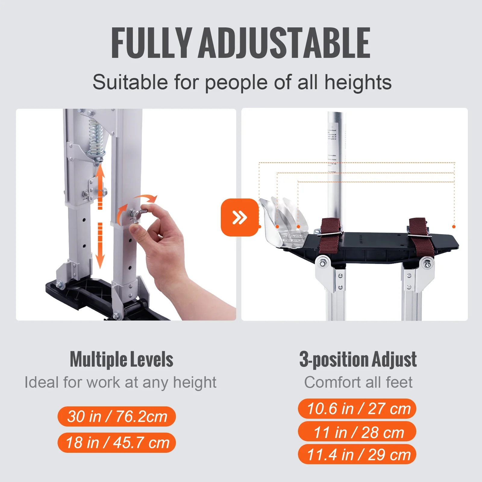 VEVOR Drywall Stilts 18\'\'-30\'\'/36\'\'-50\'\' Adjustable Aluminum Tool Stilts with Protective Knee Pads Non-Slip Work Stilts for Home