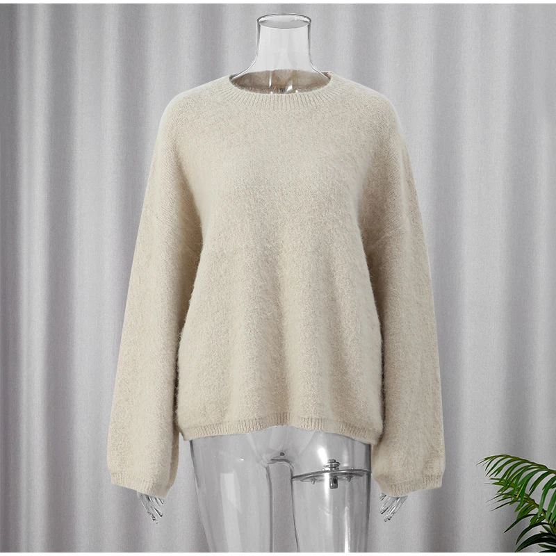 Women Solid Mohair Soft Knitted Loose Pullover Casual O-neck Long Sleeve Loose Sweater 2024 Autumn Warm Ladies Street Knitwear