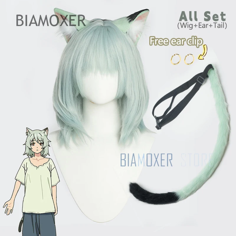 Chainsmoker Cat Light green Cosplay Wig with Ear Tail Earring Synthetic Hair Necklace Headwear