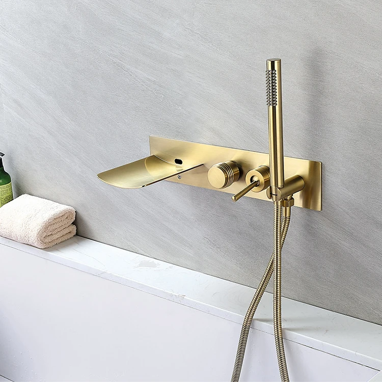 

Wall Mount Shower Faucet Set Brushed Gold Finish Waterfall Bathtub Faucet with Handheld Shower