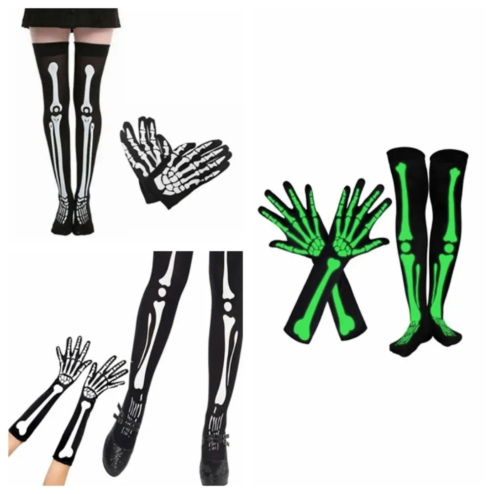 Prank Kousen Skelethandschoenen Fluorescerend Polyester Skelet Lange Sokken Zwart Ademend Halloween Lichtgevende Set Heren