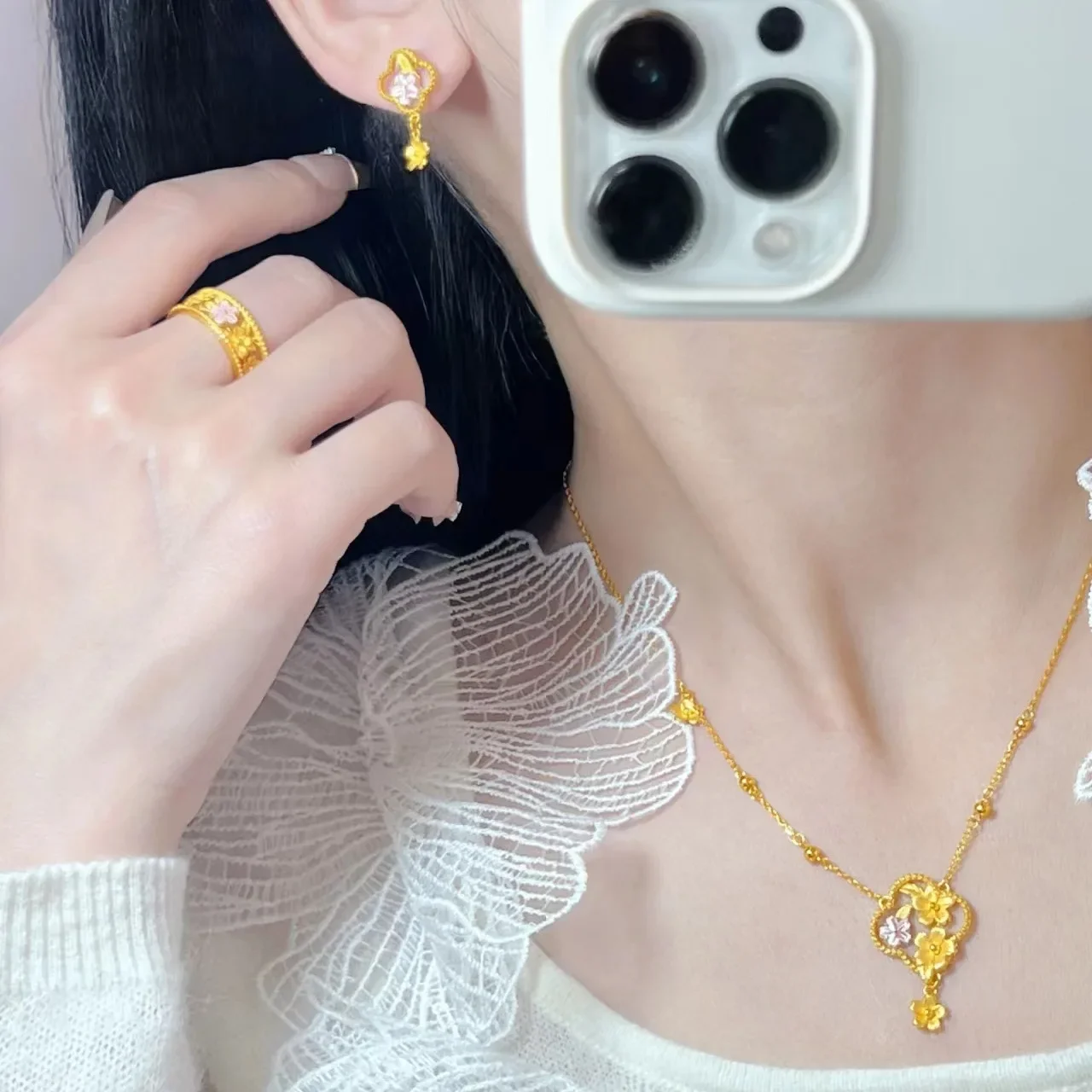 S925 Sterling Silver Necklace Ring And Fringed Stud Earrings Set With Thousand Gold Wind Cherry Blossom Powder Pendant For Women