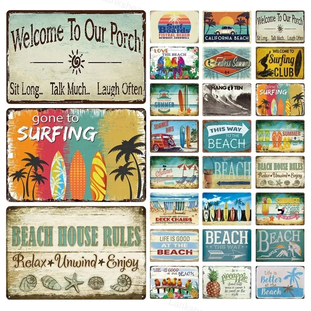 Surf-Strand Metallschild Wellen Sommer Metallgemälde Poster Wandbilder Kunstplatte Bar Veranda Surfclub Wand-Blechschild