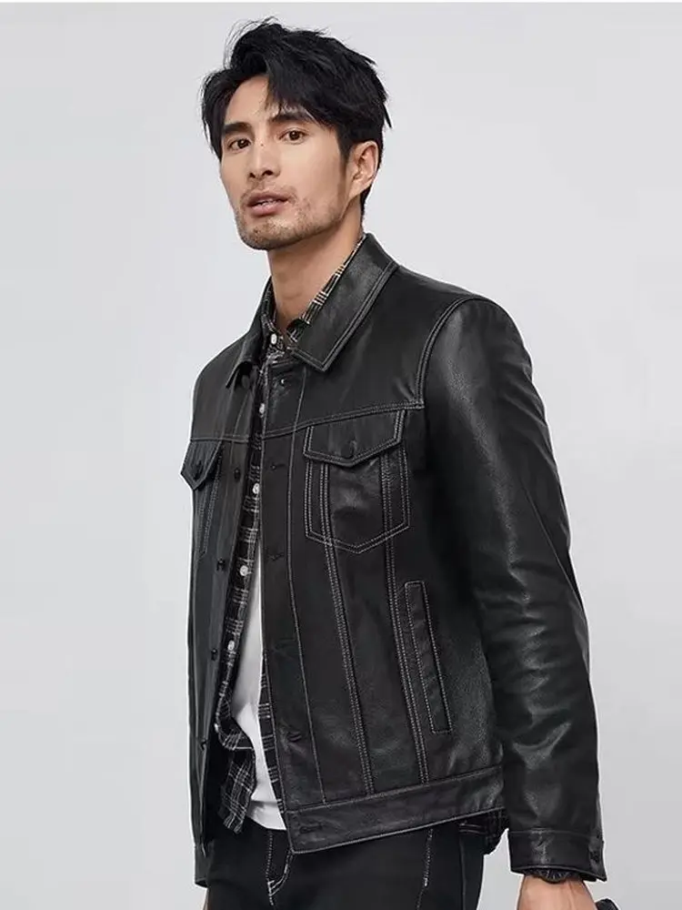 

Повседневная кожаная куртка для мужчин с воротником-стойкой, в байкерском стиле, весенне-осенняя верхняя одежда, приталенная, молодежная, в американском стиле, трендовый бренд