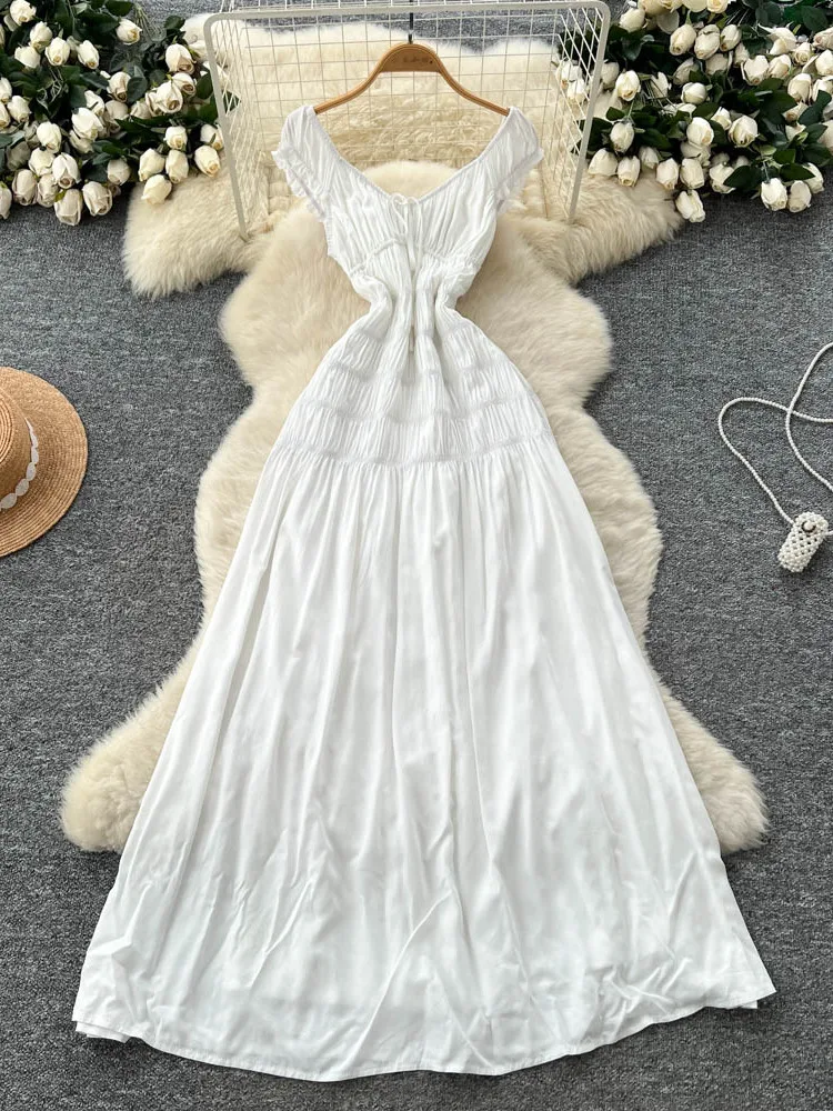 Summer Women's Design Sense Bubble Sve Dr Waist Cinching Slimming Holiday Sle Long Skirt High Waist A-Line ort Sve