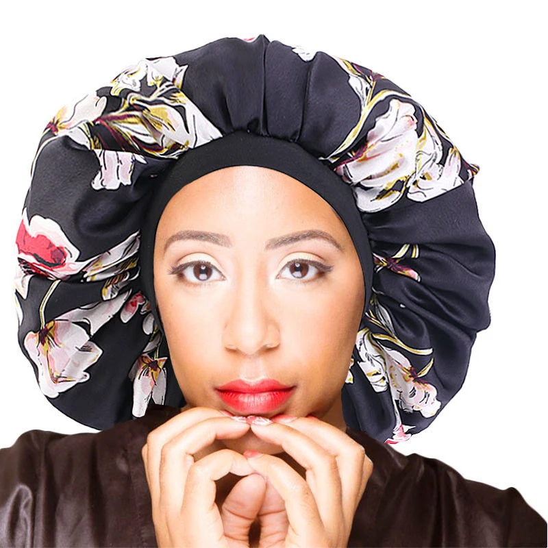 Extra Large Satin Night Sleep Cap African Print Solid Color Bonnet Hat Women Sleeping Silk Chemo Cap Hair Care Headscarf Turban