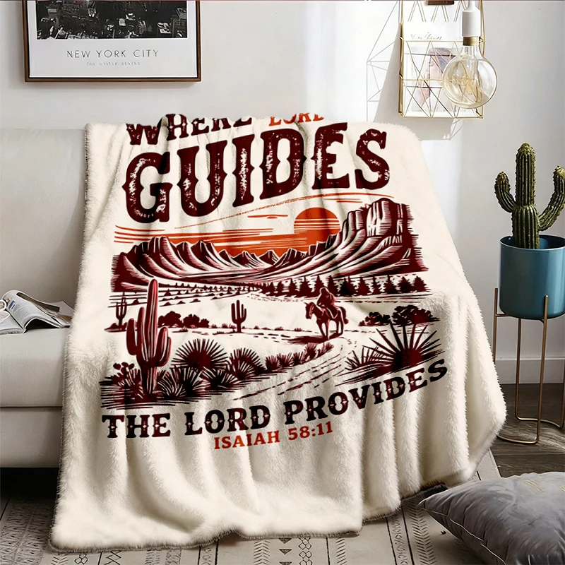 Christian Flannel Blanket, Western Christian Flannel Throw, Faith Cozy Blanket, Where The Lord Guides The Lord Provides