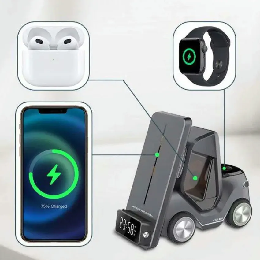 Soporte de carga inalámbrico T20 5 en 1, estación de carga rápida de 15W con alarma y luz ambiental, teléfono, reloj inteligente, escritorio de auriculares