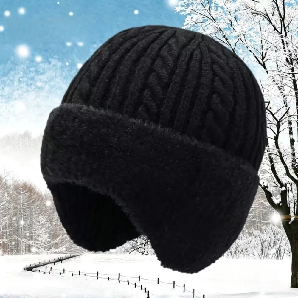 Fashion Thickened Warm Knitted Hat Double Layers Fur Lined Beanie With Earmuffs Coldproof Outdoor Warm Hat for Women Men