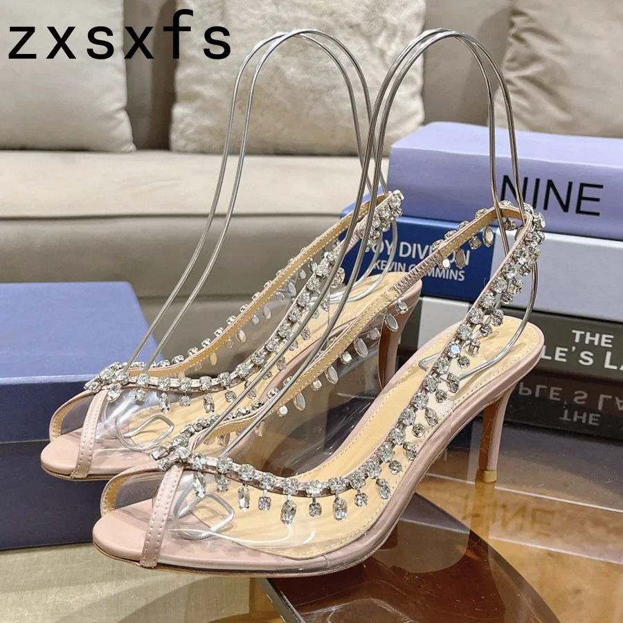 

Sexy Thin Heel Crystal Tassels Gladiator Sandals Super High Heel Party Shoes For Women Peep Toe Rome Brand Sandalias Mujer