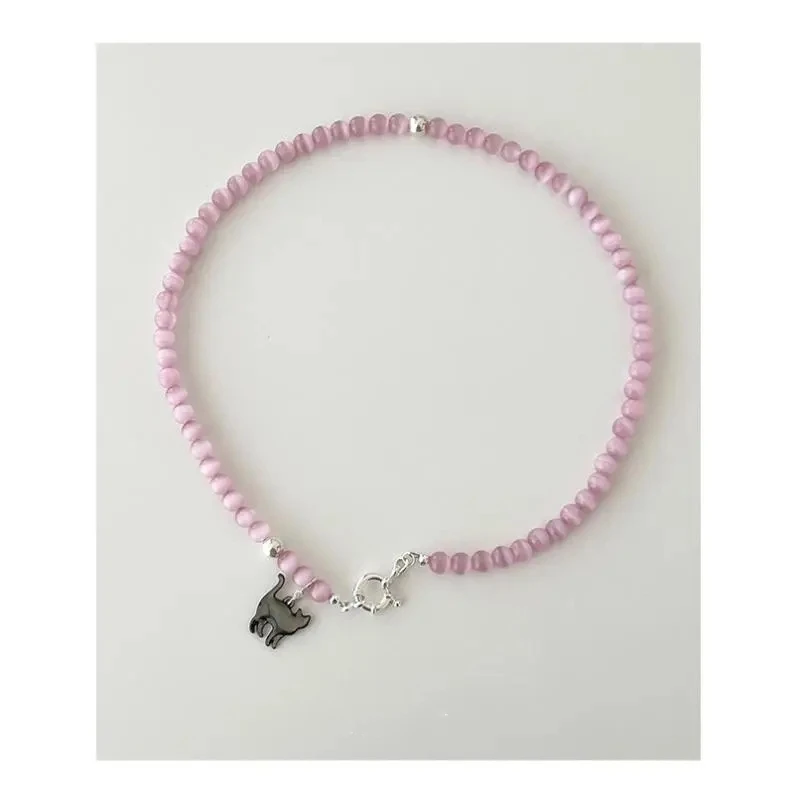 New Pink Crystal Opal Beaded Cat Pendant Necklace for Women Sweet Cool Cute Aesthetics Clavicle Chain 2023 Trendy Jewelry Gift