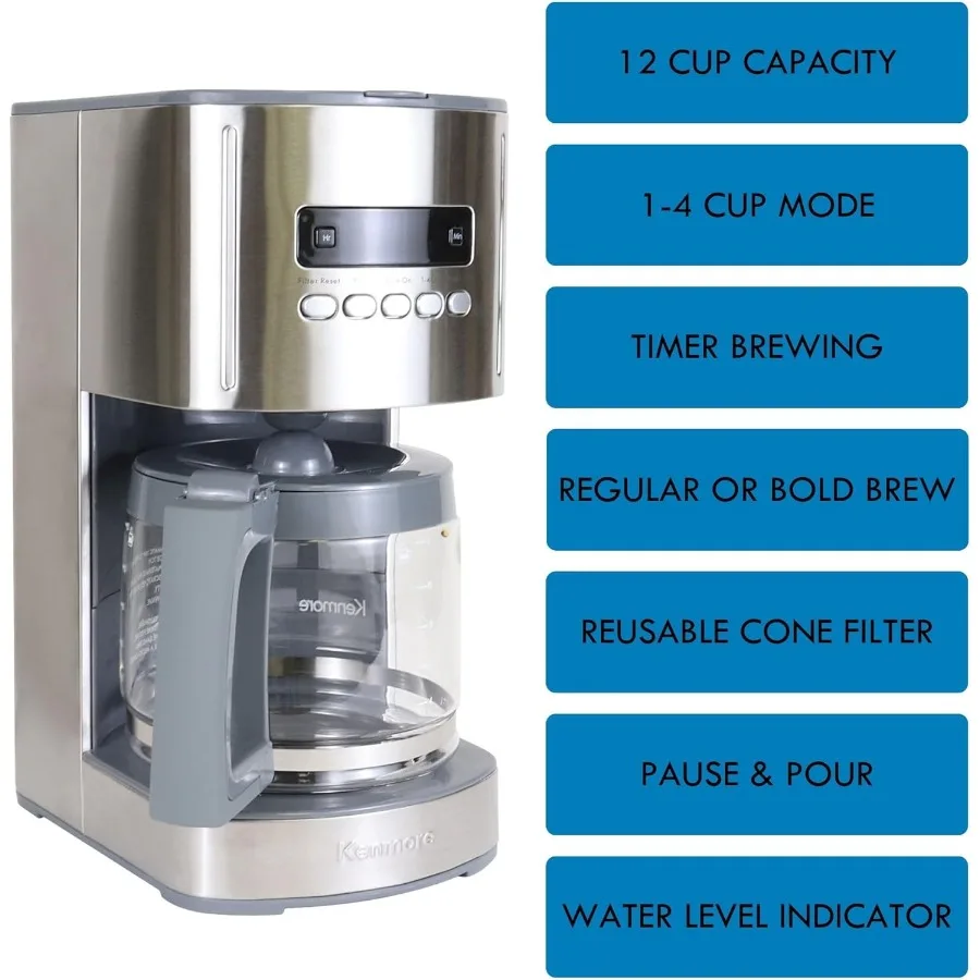 ケンモア ドリップコーヒーメーカー 12カップ プログラム可能なカフェマシン ガラスポット付き レギュラー/ボルドブリュー 自動シャットオフ機能 大容量