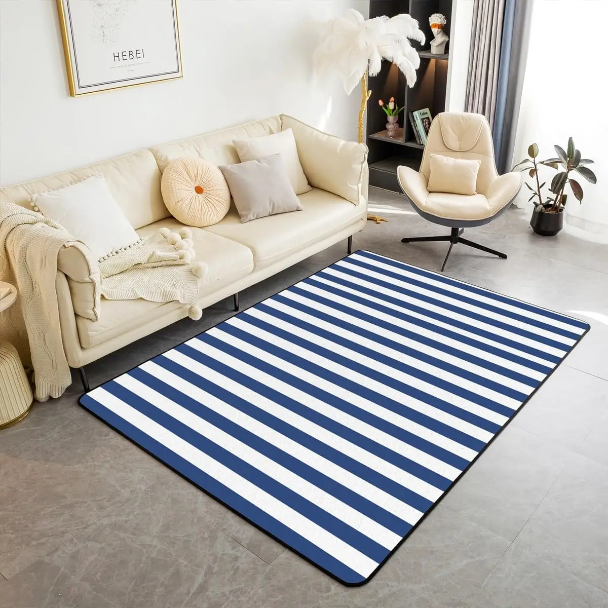 White Navy Blue Striped Area Rug Polyester Striped Living Room Rugs for Bedroom Basic Simple Decor Carpet Geometric Indoor Floor