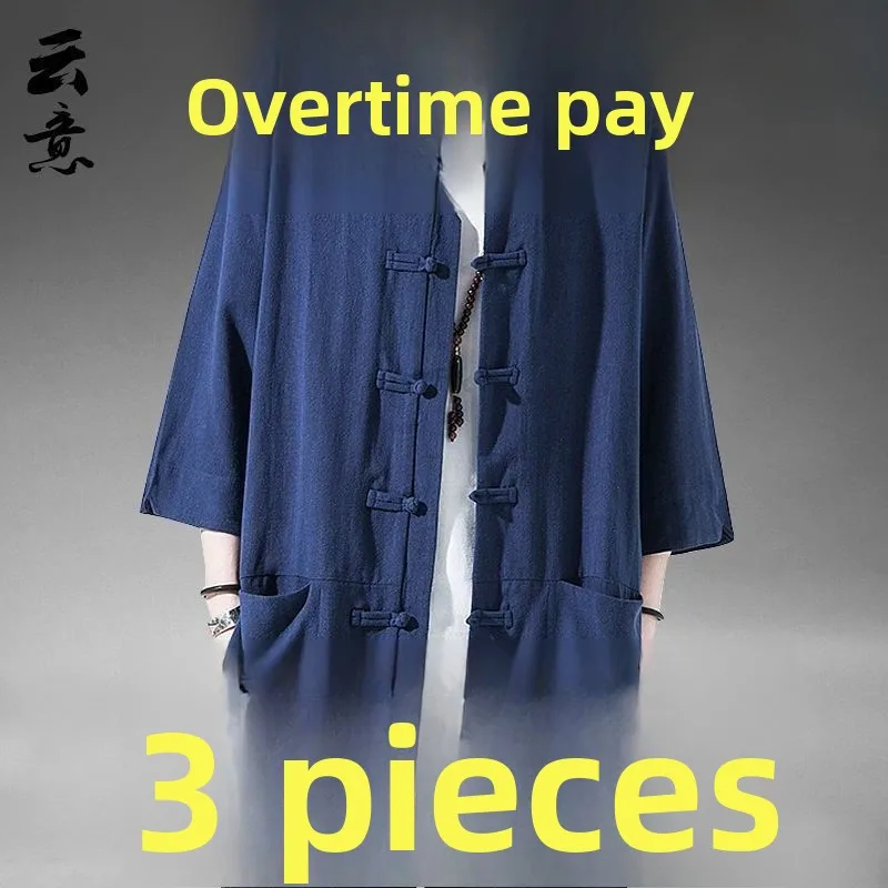 

Мужской летний хлопково-льняной костюм Тан с коротким рукавом, ретро-стиль, Ханьфу, большие размеры, одежда для чаепития, этническая одежда