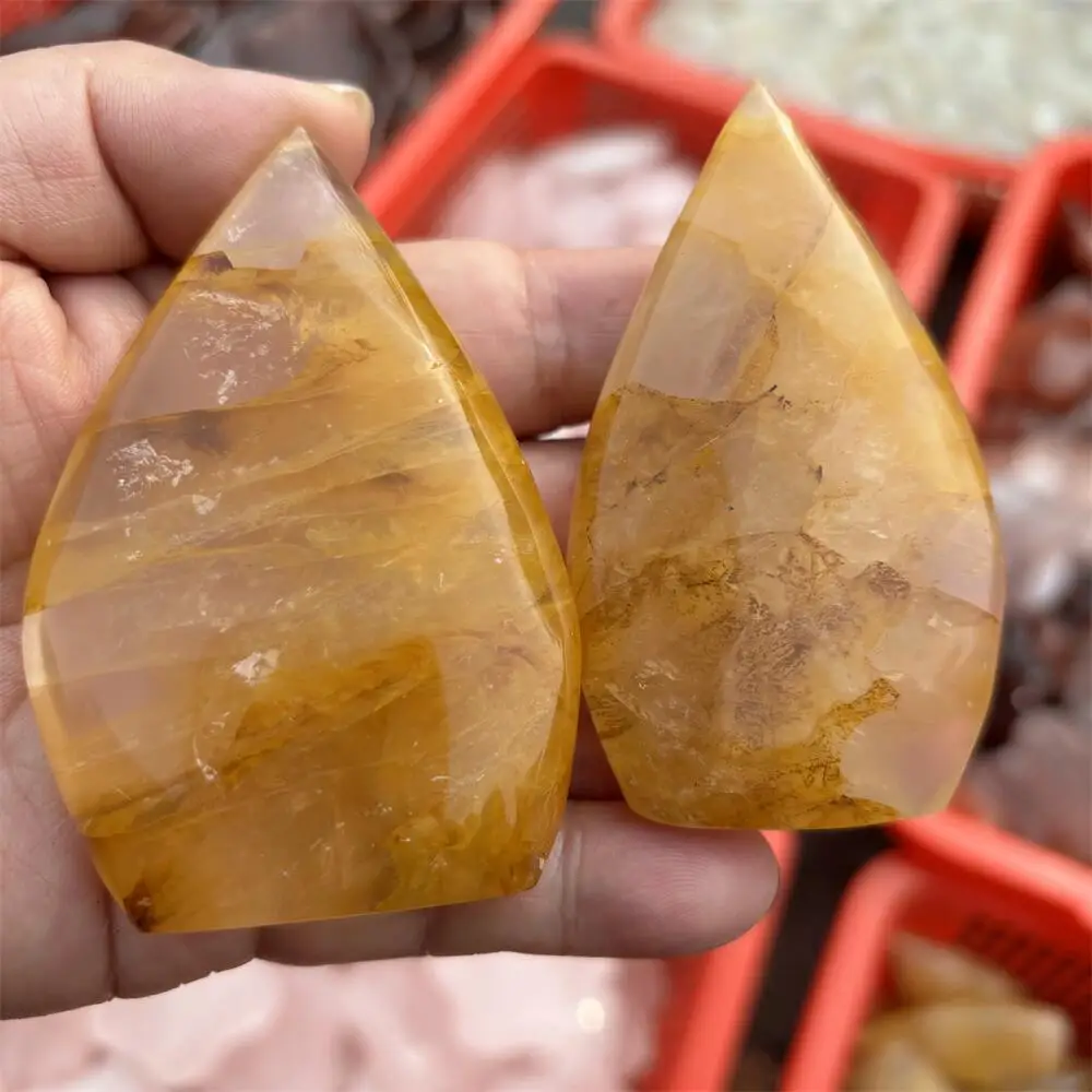 2pcs Natural Yellow Fire Quartz Hematoid Teardrop Carving Fengshui Healing Crystal Sculpture for Home Decor Energy Artwork Gift
