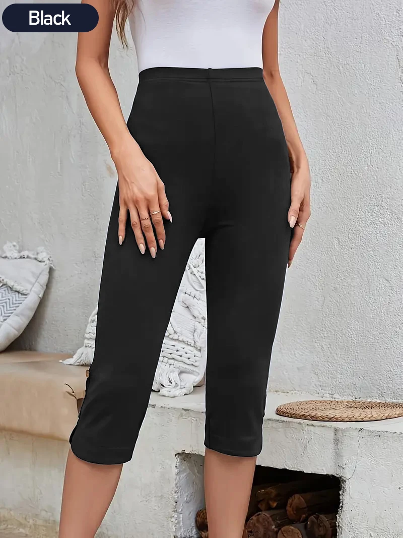 【3-pack capri-legging】 Damesbroek met hoge taille en knoopzoom, marineblauw+bordeaux+zwarte stretch slim-fit cropped broek, casual workou