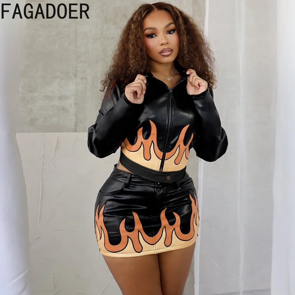 FAGADOER Punk Leather Two Piece Set For Women Y2K Streetwear Moto Zip Flame Printing Patchwork Crop Jacket + Mini Skirt Suits