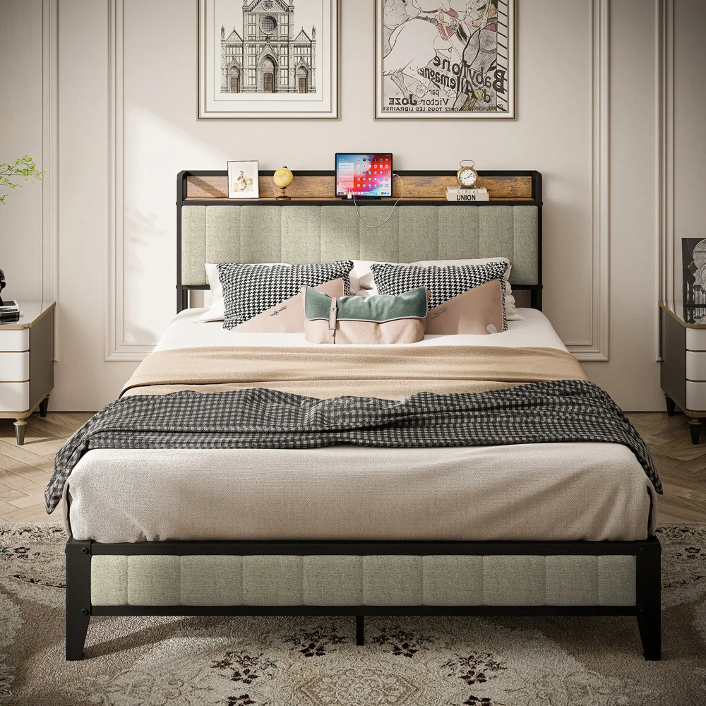 

Full Size Bed Frame with Charging Station, Upholstered Headboard, Metal Platform, Grey