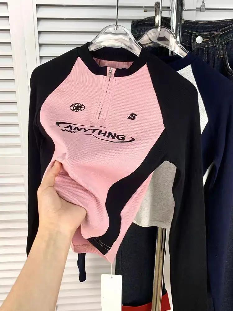 Women Long Sleeve Sexy Slim Fit T Shirts Cotton Sport Zipper Crop Top Y2k Long Sleeve Korean Harajuku Kpop Graphic Patchwork Tee