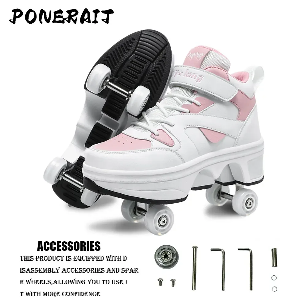 Women\'s High Top 4 Wheel Roller Shoes Fashionable Unisex Automatic Pop-up Sneakers With Wheels Dual-purpose Skating Casual Shoes